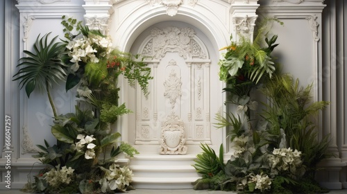 White plastic entrance door and facade decorations with plants © HN Works