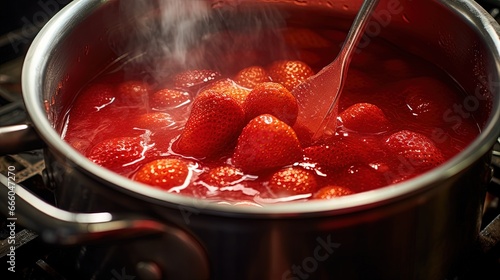TOP VIEW, CLOSE UP: Strawberry jam in making progress boiling. Process of making homemade strawberry jam. Red sweet syrup boiling on the stove closeup.