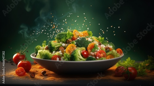 Quinoa salad with sweet potatoes broccoli and tomatoes ingredients .Superfoods concept.Healthy eating.