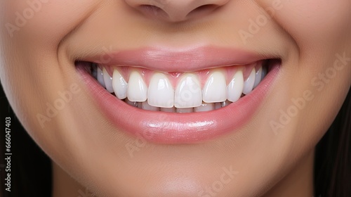 Close up in oral of front teeth before and after porcelain laminated dental ceramic veneers treatment for smile makeover.