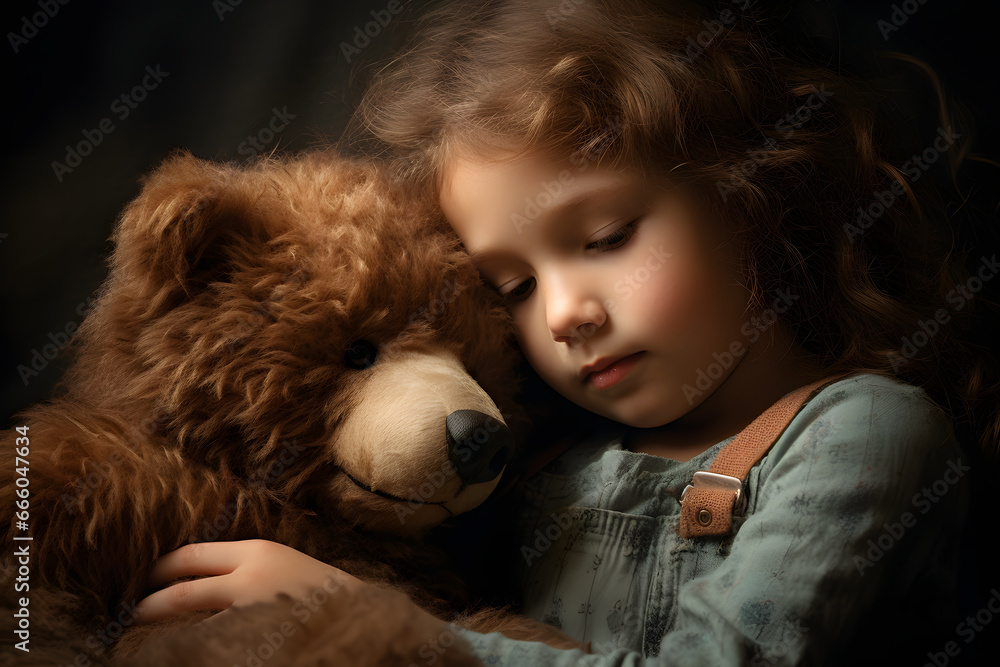 Kind und Teddy - Ein herzerwärmender Moment, in dem Liebe und Freude zwischen einem Kind und seinem Teddybären strahlen Kind und Teddy - Ein herzerwärmender Moment, in dem Liebe und Freude zwischen einem Kind und seinem Teddybären strahlen