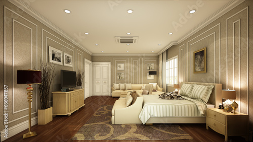 3d render illustration The homeowner s bedroom focuses on decorating the room with floating furniture. and just decorate the walls of the room  curtains.