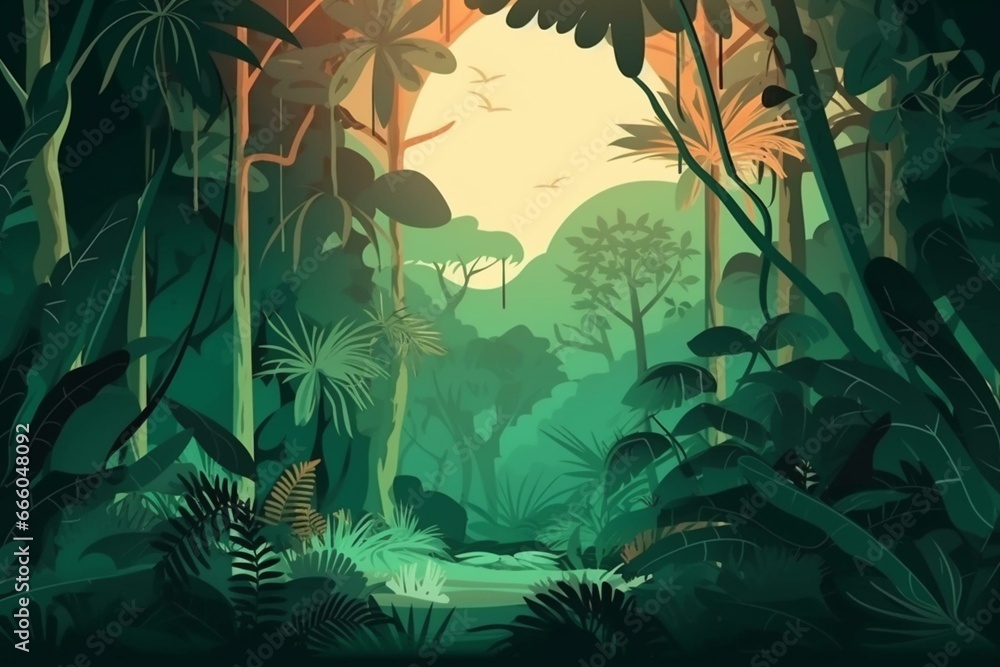 Green forest adventure with tropical vibes, symbolizing ecology and freedom. Perfect for spa and environmental conservation themes. Generative AI