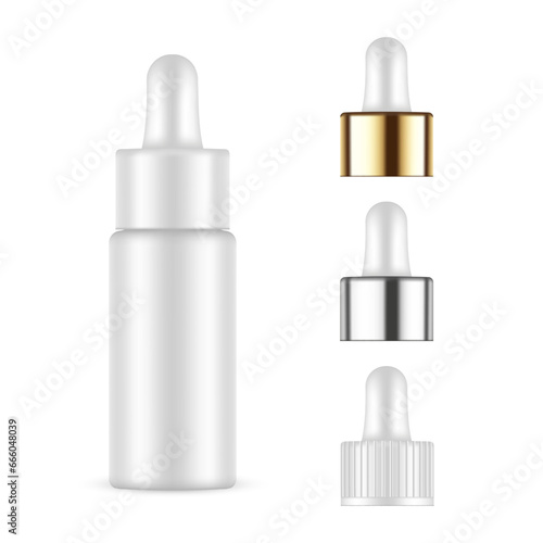 Blank Dropper Bottle Mockup With Metallic, Plastic, Golden Caps, Isolated On White Background. Vector Illustration