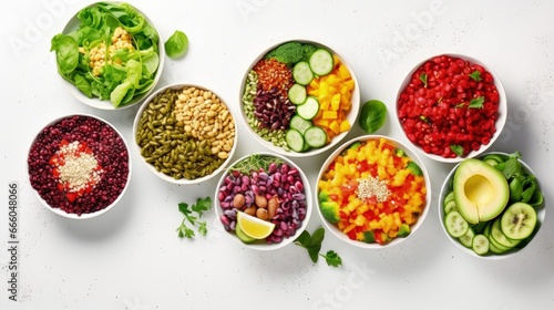 Healthy vegetarian and vegan salads and Buddha Bowls with vitamins, antioxidants, protein on light background. Top view, copy space