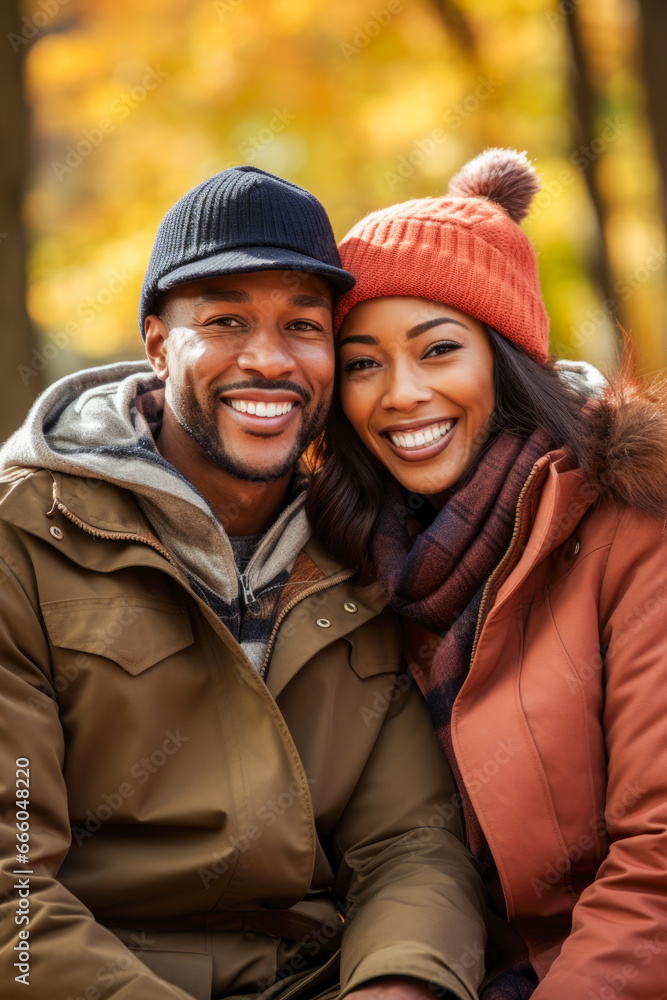 Portrait of a smiling couple in the park in autumn