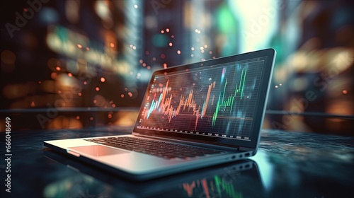 The younger generation is using laptops, phones and tablets with stock status information or stock charts. Stock trend chart graph analysis. Business concept photo