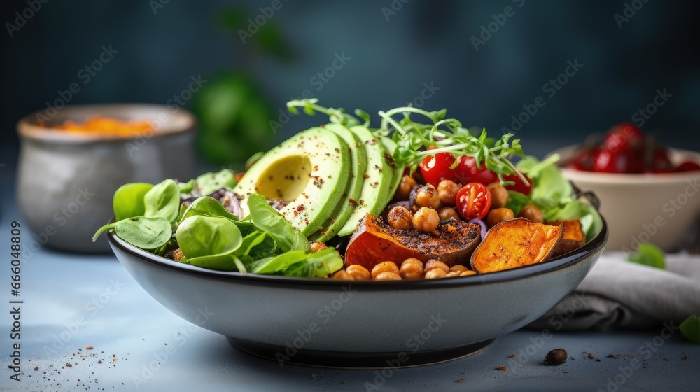 Buddha bowl salad with baked sweet potatoes, chickpeas, broccoli, tomatoes, greens, avocado, pea sprouts on light blue background with napkin. Healthy vegan food, clean eating, dieting, close up Buddha bowl salad with baked sweet potatoes, chickpeas, broccoli, tomatoes, greens, avocado, pea sprouts on light blue background with napkin. Healthy vegan food, clean eating, dieting, close up