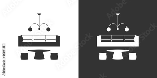 Living room furniture flat icon. Black and white. Interior icon