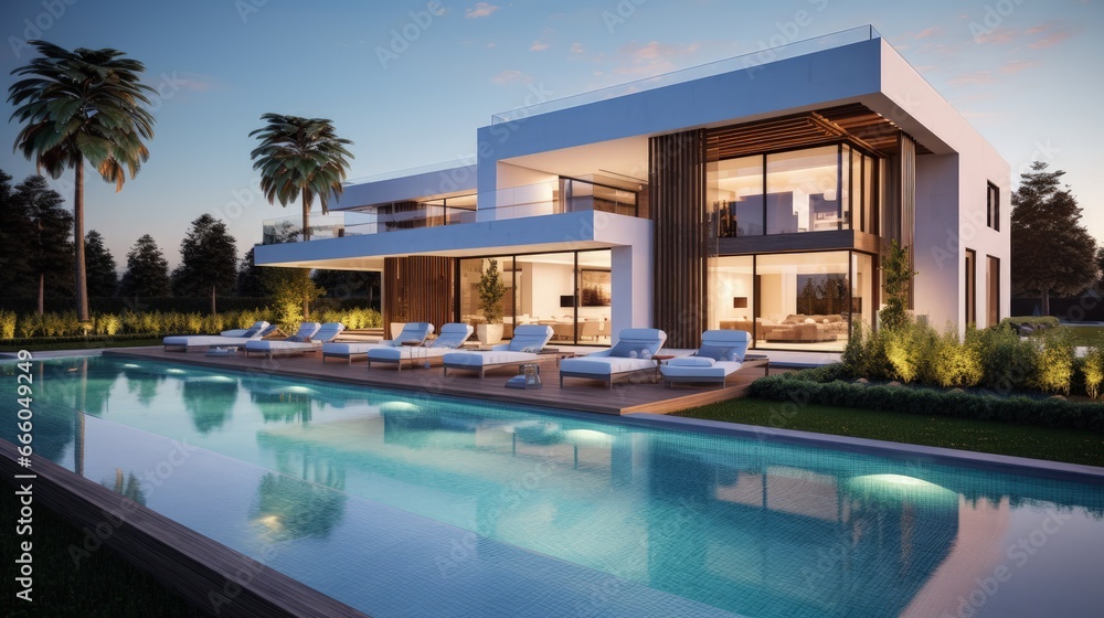 3D rendering of an upscale modern villa with pool and garden