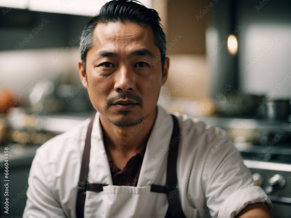 An Asian man of middle age is dressed as a chef and working in the kitchen. Generated Ai An Asian man of middle age is dressed as a chef and working in the kitchen. Generated Ai
