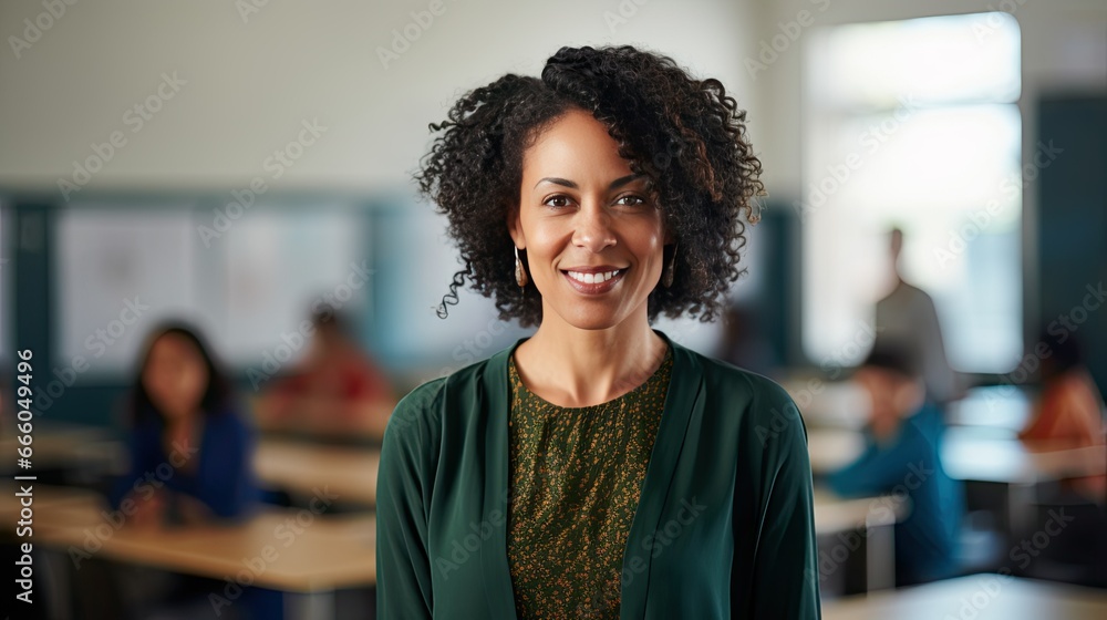 Portrait of a mid adult African American female teacher in a classroom Portrait of a mid adult African American female teacher in a classroom
