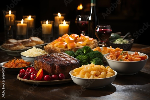 Gourmet steak with side dish and red wine