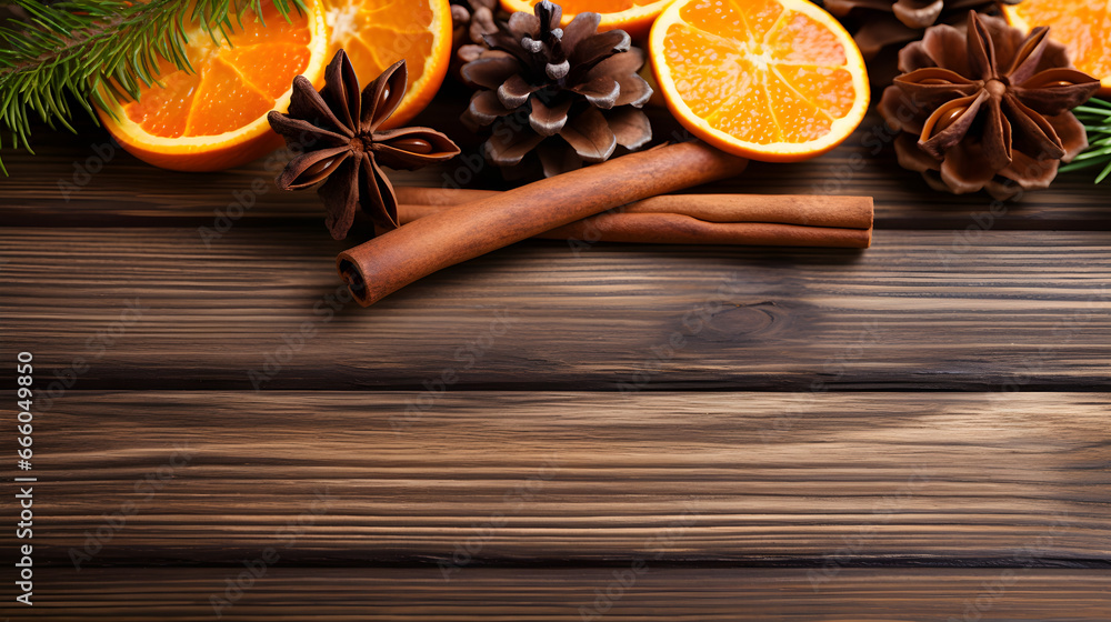 Christmas background with cones, oranges and spices Christmas background with cones, oranges and spices