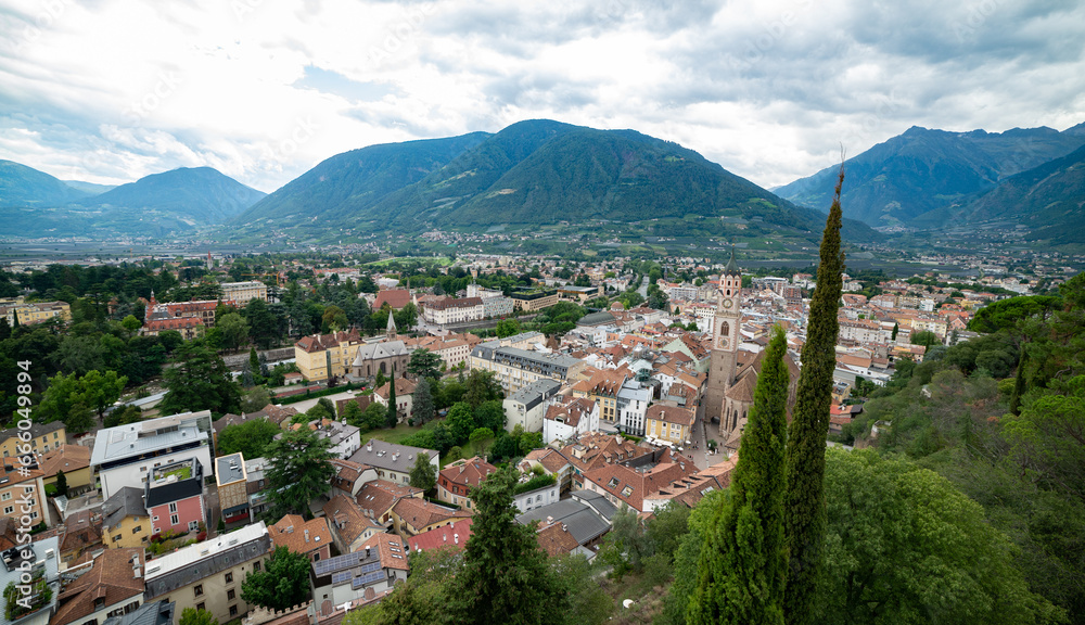 panoramic aerial view of the city of Merano - obrazy, fototapety, plakaty 