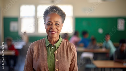 Portrait of a senior African American female teacher in a classroom