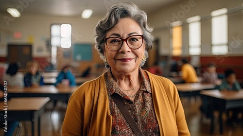 Portrait of a senior Mexican female teacher in a classroom