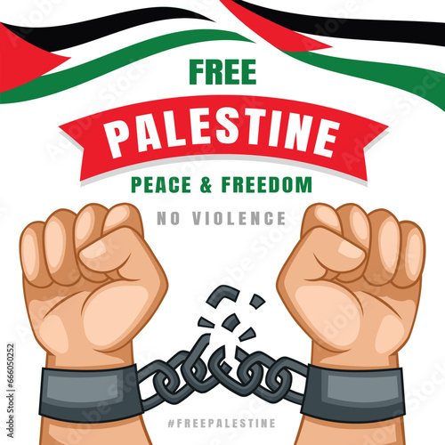 Free palestine hand broken chain with palestinian flag ribbion vector illustration