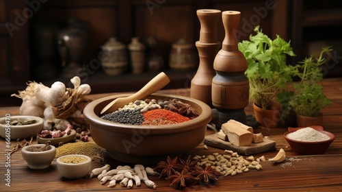 Traditional chinese medicine with herb and spices in brown wooden background doctor using mortar and pestle for advertising   traditional content