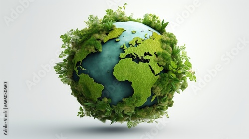 Invest in our planet. Earth day 2022 3d concept background. Ecology concept. Design with 3d globe map drawing and leaves isolated on white background. photo