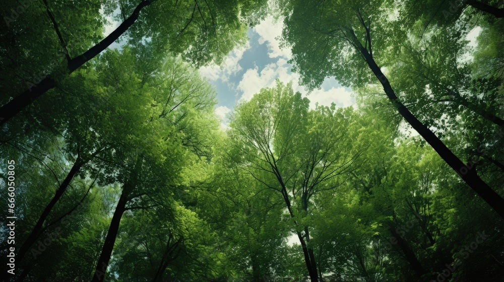 Fototapeta premium Forest, lush foliage, tall trees at spring or early summer - photographed from below