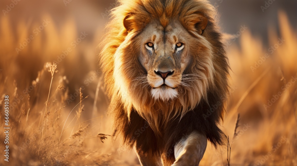 Lion With Mane In Etosha Namibia African Lion Walking In The Grass Lion With Mane In Etosha Namibia African Lion Walking In The Grass