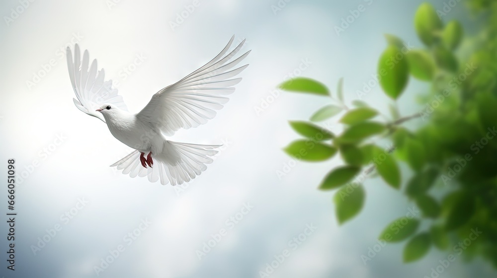 Fototapeta premium A free white dove holding green leaf branch flying in the sky. International Day of Peace concept background