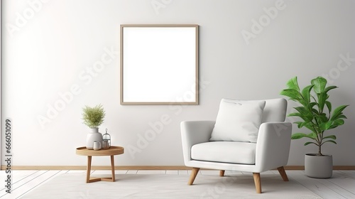Minimalist composition of elegant living room space with white boucle armchair, photos mock up frames, carpet, coffee table, lamp, decoration and personal accessories. Copy space. Template.