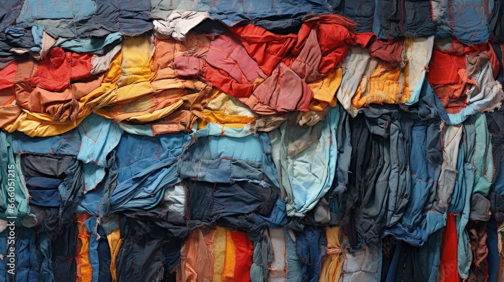 Fabric scraps, old clothing and textiles are cut into strips and grouped tightly together, forming layers of disheveled cloth. Closeup design resembles up-cycled textile, blanket, rug or pillow.