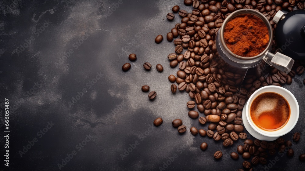 Ingredients for making moka coffee. Moka pot with coffee beans and ingredients on grey background. Coffee making concept. Flat Lay Ingredients for making moka coffee. Moka pot with coffee beans and ingredients on grey background. Coffee making concept. Flat Lay