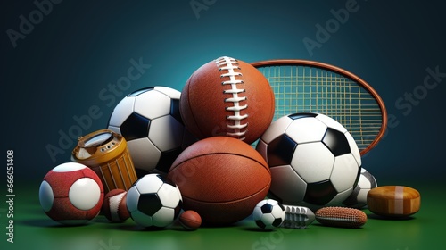 Sports equipment with a football basketball baseball soccer tennis and golf ball including ping pong tennis hockey puck as healthy recreation and leisure fun activities with 3D illustration elements.