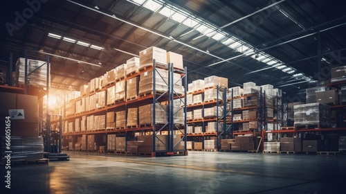 Typical storage, warehouse interior. Toned image. Selective focus. Horizontal banner.
