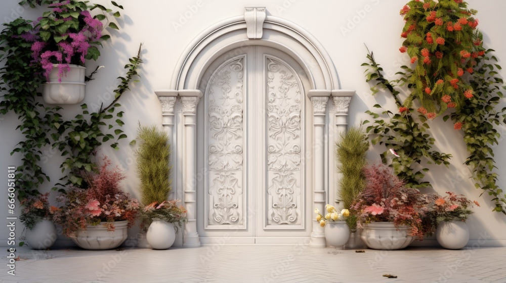 White plastic entrance door and facade decorations with plants