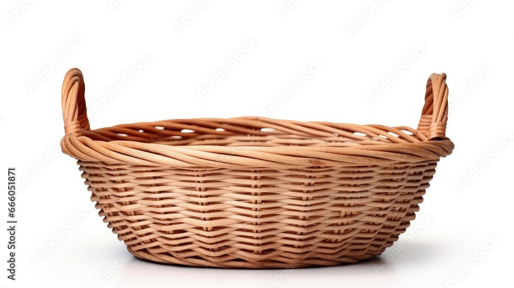 Empty wicker basket with handles isolated on white