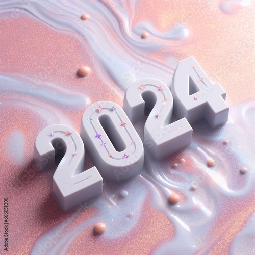 New Year 2024 numbers on a pastel liquid glitter background with glitter and light reflections generative ai illustration art