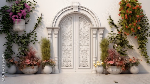 White plastic entrance door and facade decorations with plants