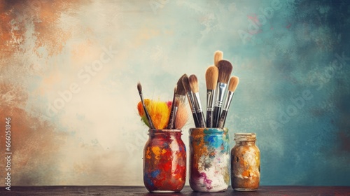 Vintage artists brushes and paint tubes on an abstract artistic background