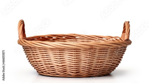 Empty wicker basket with handles isolated on white