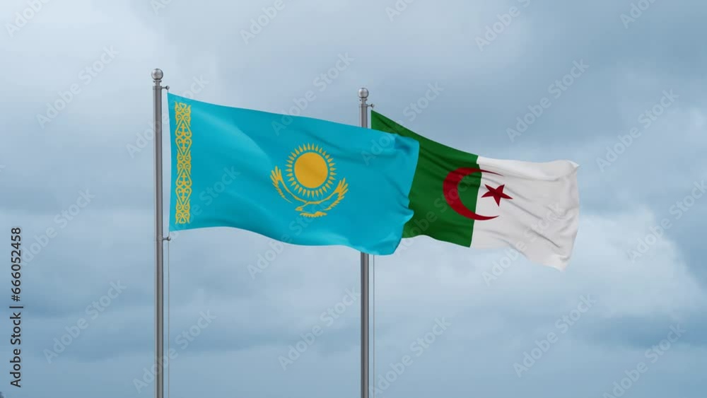 Kazakhstan flag and Algeria flag waving together on cloudy sky, endless seamless loop Kazakhstan flag and Algeria flag waving together on cloudy sky, endless seamless loop