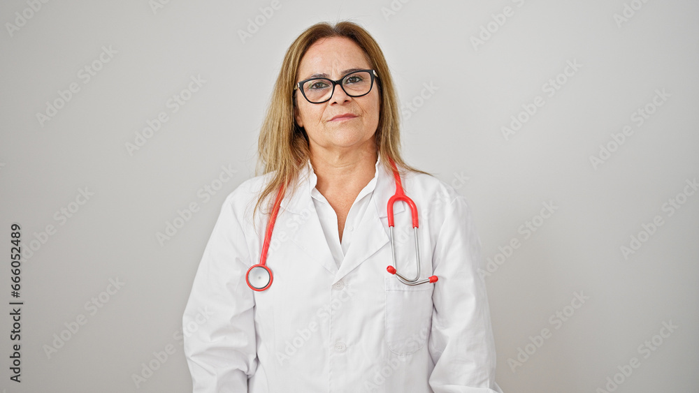 Middle age hispanic woman doctor standing with serious expression over isolated white background Middle age hispanic woman doctor standing with serious expression over isolated white background