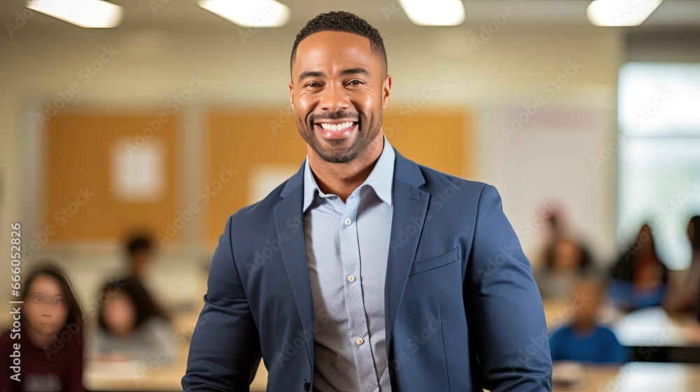 Fototapeta premium Portrait of a mid adult African American male teacher in a classroom