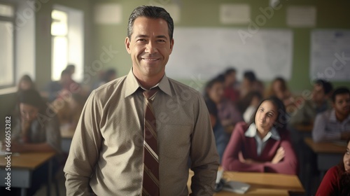 Portrait of a mid adult Mexican male teacher in a classroom