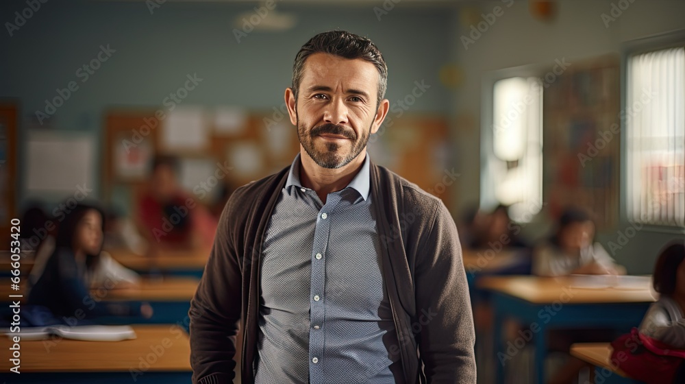 Portrait of a mid adult Mexican male teacher in a classroom Portrait of a mid adult Mexican male teacher in a classroom