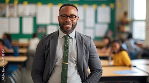 Portrait of a mid adult African American male teacher in a classroom