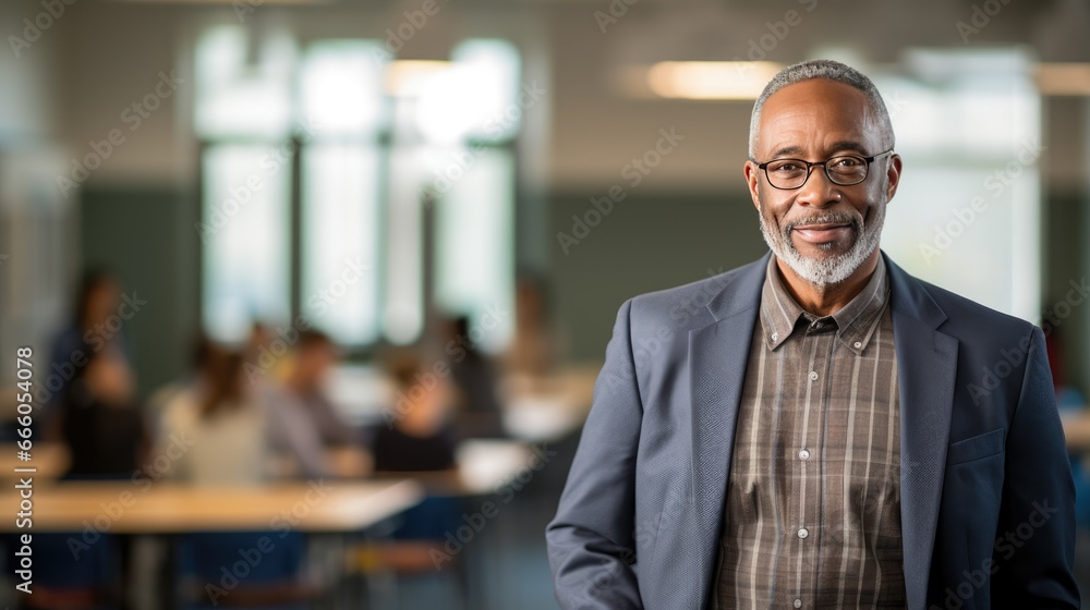 Portrait of a senior African American male teacher in a classroom Portrait of a senior African American male teacher in a classroom