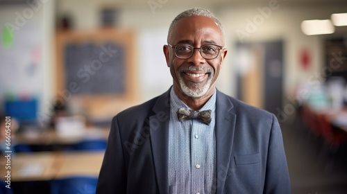 Portrait of a senior African American male teacher in a classroom
