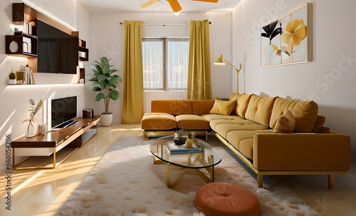 18. Modern furniture and framing. Sunlit windows, ivory or brown sofas and ivory-colored rooms. © ailooo k