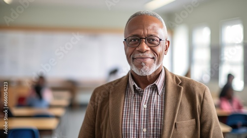 Portrait of a senior African American male teacher in a classroom