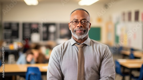 Portrait of a senior African American male teacher in a classroom