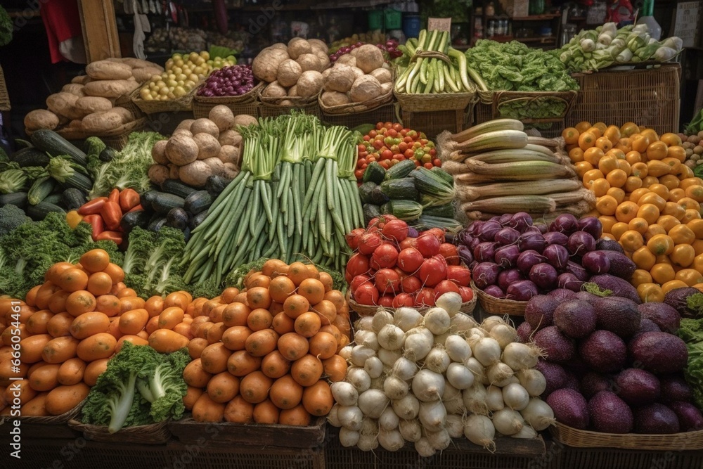 Assorted veggies in a market. Generative AI